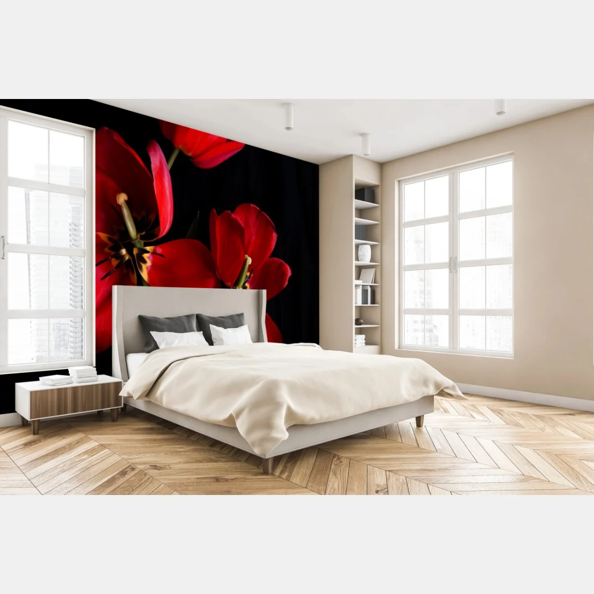 Fototapeta trzy czerwone tulipany na czarnym tle – Wallissimo® Fototapeta trzy czerwone tulipany na czarnym tle – Wallissimo®