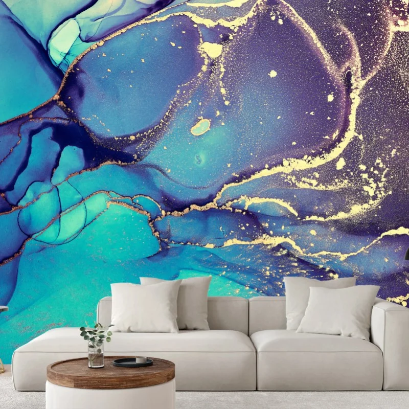Fototapeta turkusowo-złota płynna marmurkowa abstrakcja