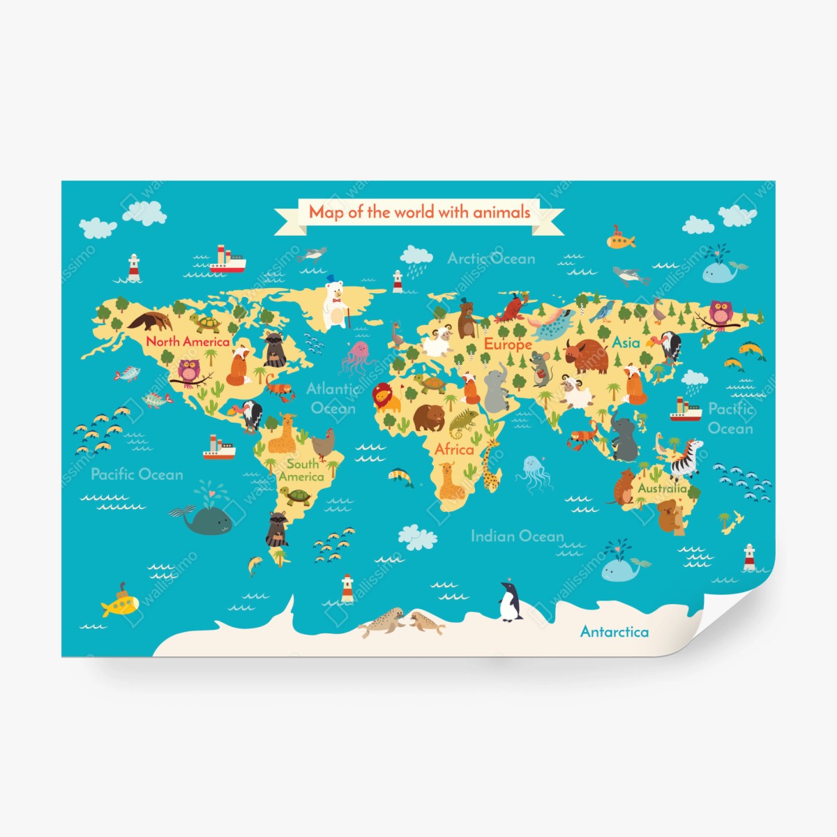 Fototapeta zabawna mapa świata ze zwierzętami – Wallissimo®