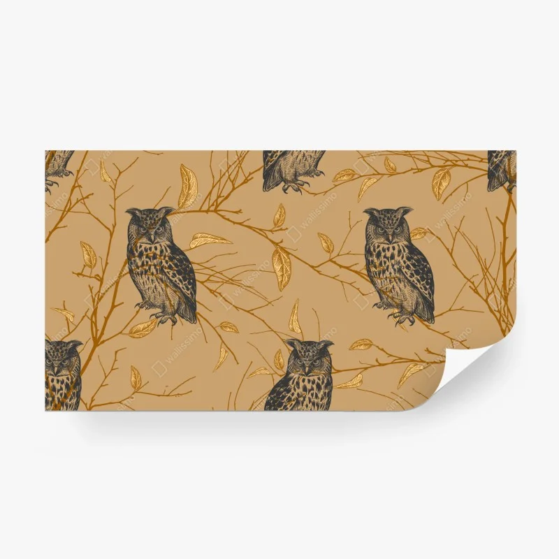 Fototapeta wzór ze złotymi sowami na beżowym tle