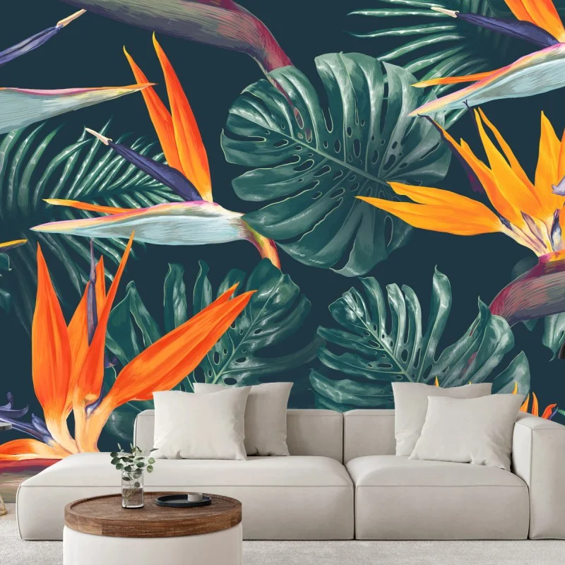 Fototapeta egzotyczny motyw rajskich ptaków i liści monstery