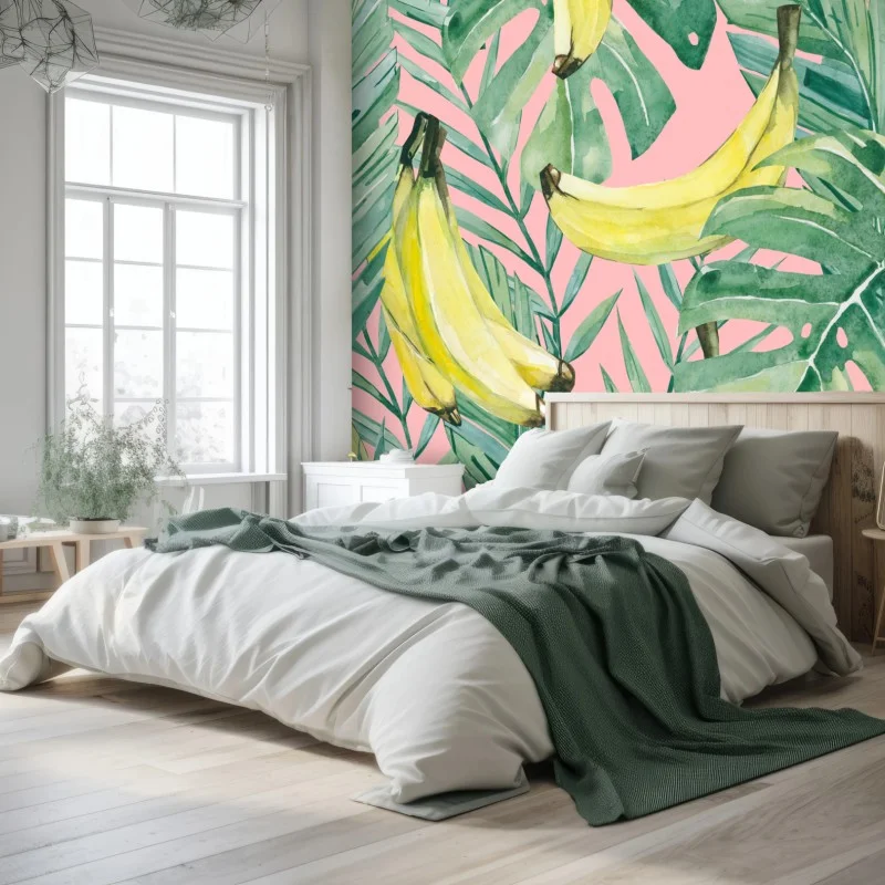 Fototapeta akwarelowy wzór z bananami i liśćmi na różowym tle