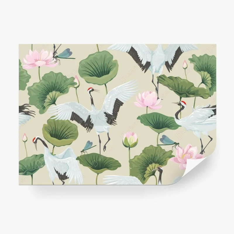 Fototapeta elegancki wzór z żurawiami i lotosami