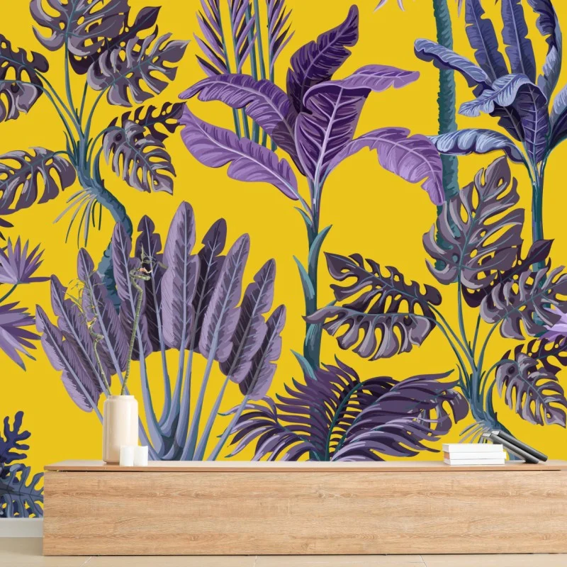 Fototapeta tropikalne fioletowe liście na żółtym tle