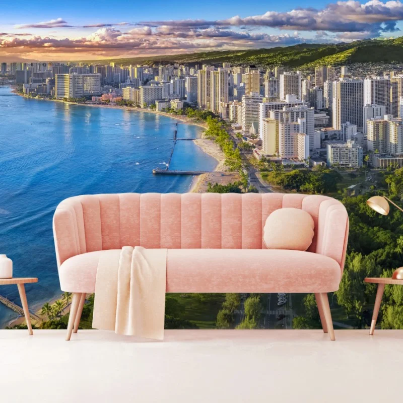 Fototapeta panorama nadmorskiego miasta o zachodzie słońca