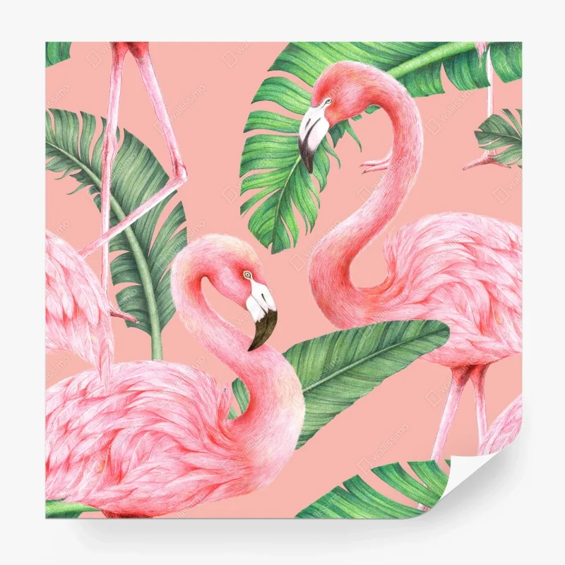 Fototapeta różowy wzór z flamingami i liśćmi tropikalnymi