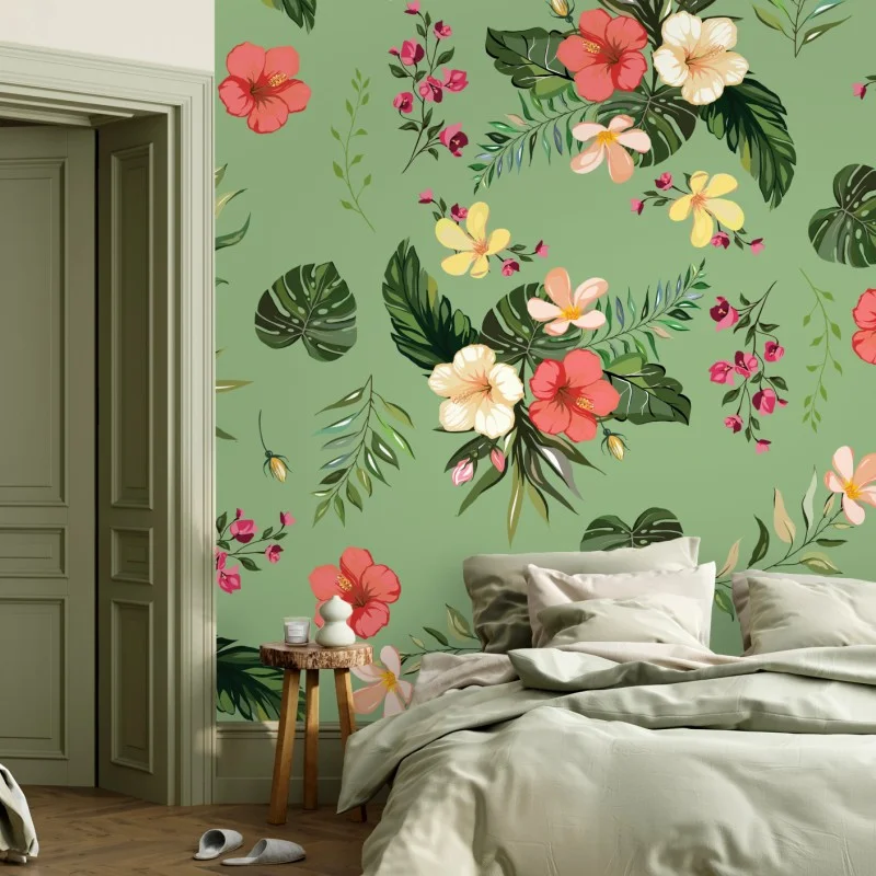 Fototapeta zielony tropikalny wzór hibiskusa