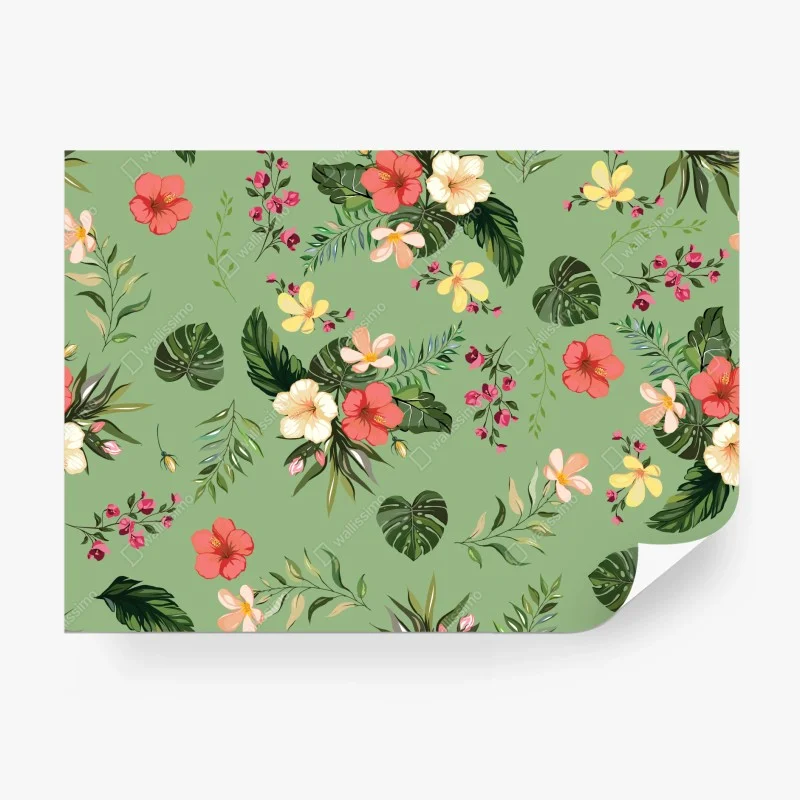 Fototapeta zielony tropikalny wzór hibiskusa