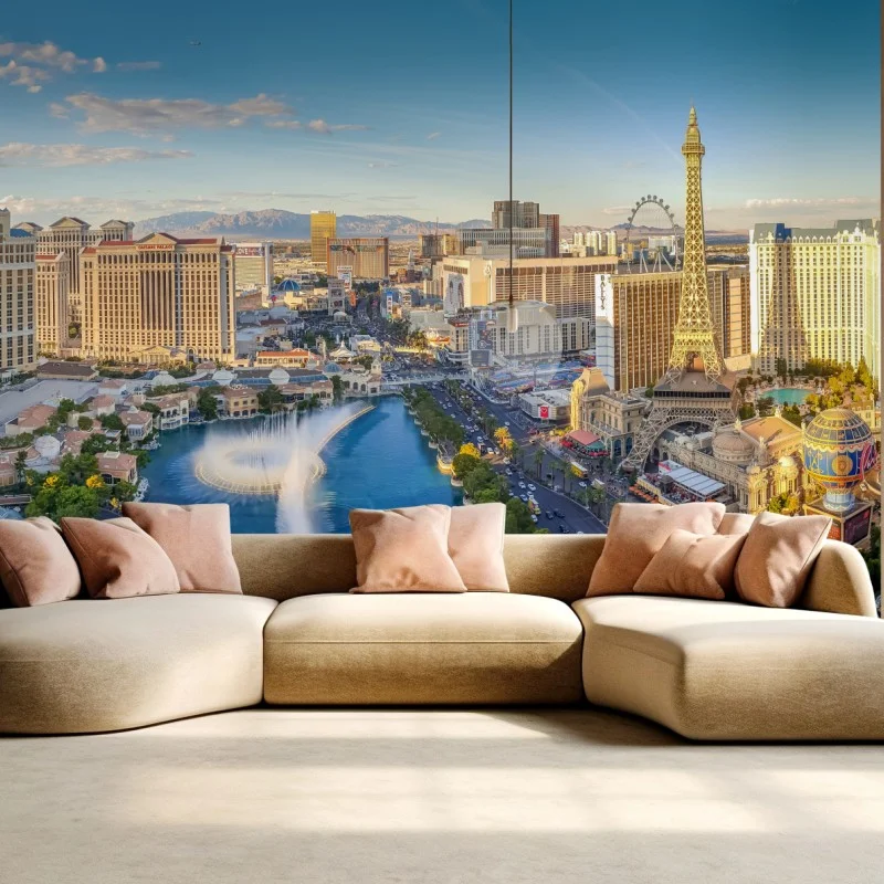 Fototapeta słoneczna panorama Las Vegas z tańczącymi fontannami i wieżą Eiffla
