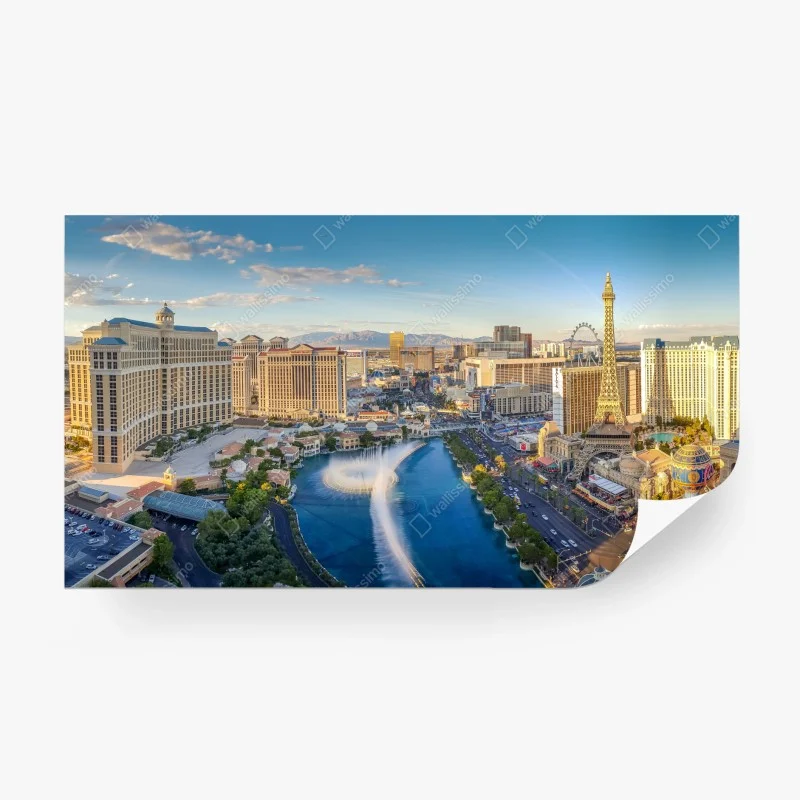 Fototapeta słoneczna panorama Las Vegas z tańczącymi fontannami i wieżą Eiffla