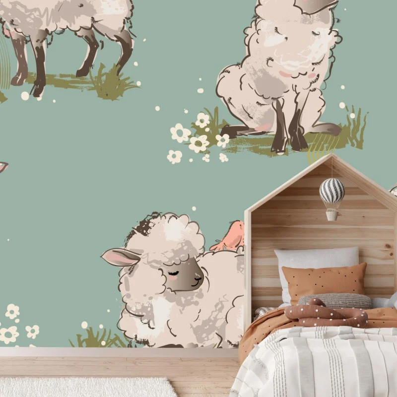 Fototapeta urocze jagnięta na turkusowym tle