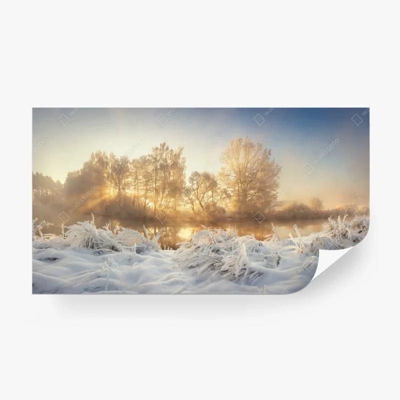 Fototapeta złoty zimowy wschód słońca nad mroźną rzeką