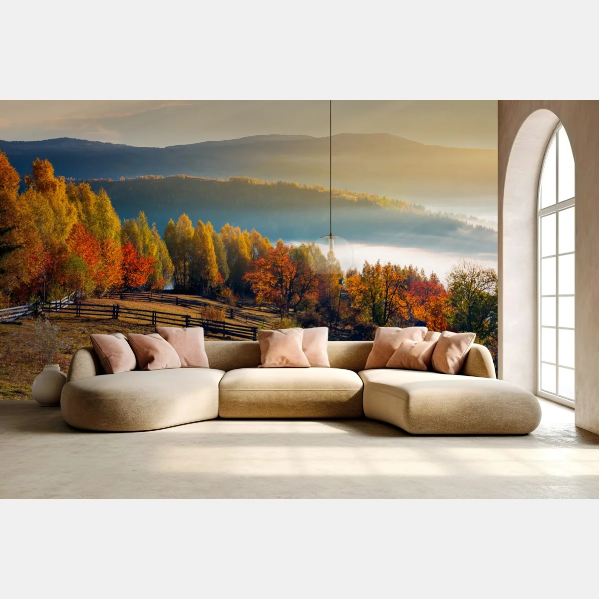 Fototapeta mglisty jesienny wschód słońca na wsi – Wallissimo® Fototapeta mglisty jesienny wschód słońca na wsi – Wallissimo®