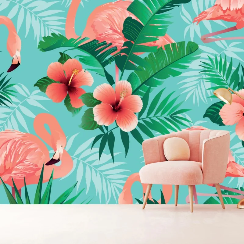 Fototapeta tropikalna oaza z flamingami