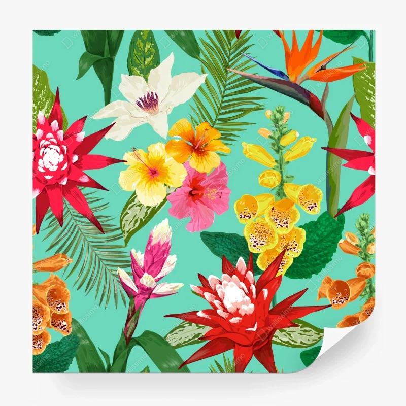 Fototapeta tropikalne kwiaty na turkusowym tle