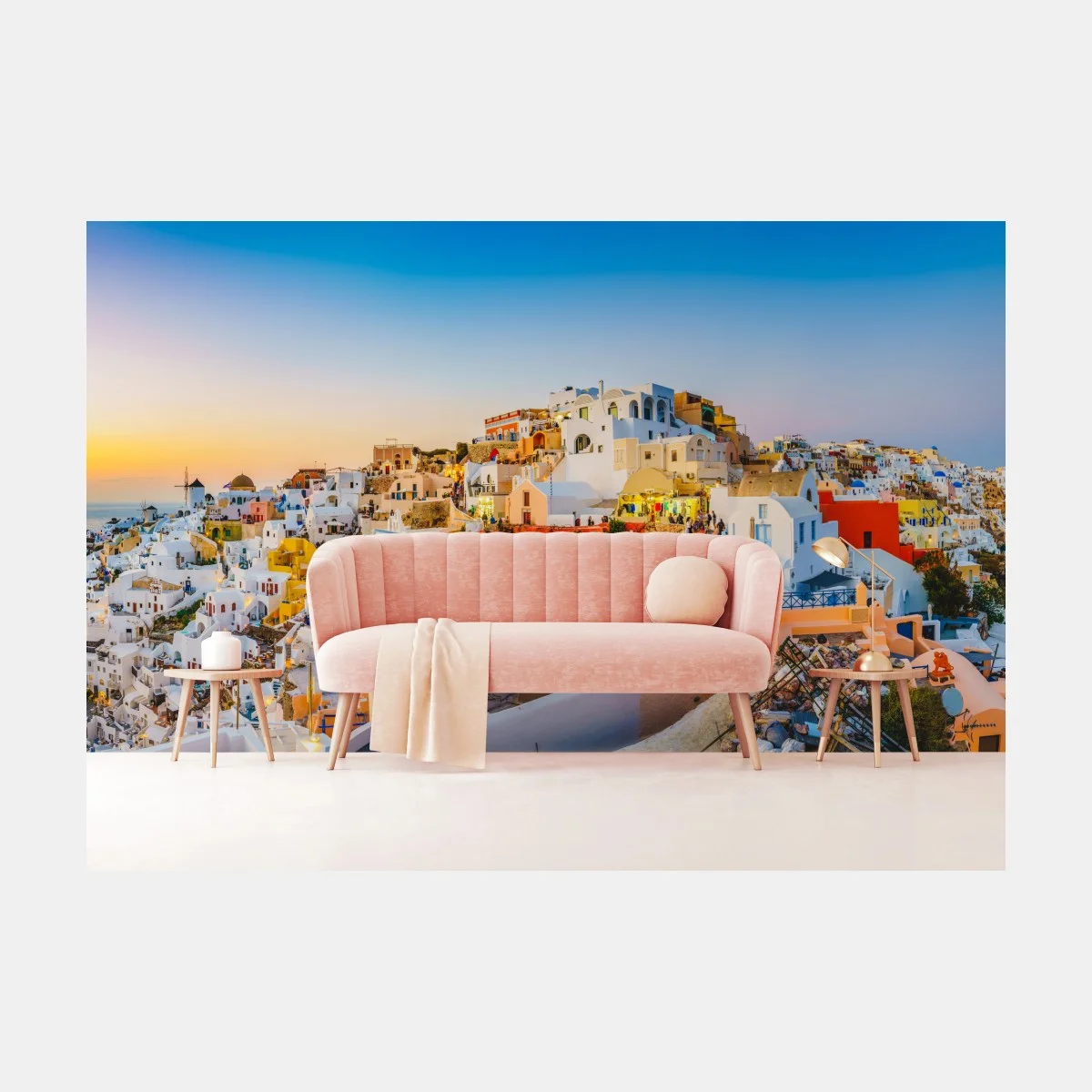 Fototapeta zachód słońca nad Santorini panoramiczny widok – Wallissimo® Fototapeta zachód słońca nad Santorini panoramiczny widok – Wallissimo®