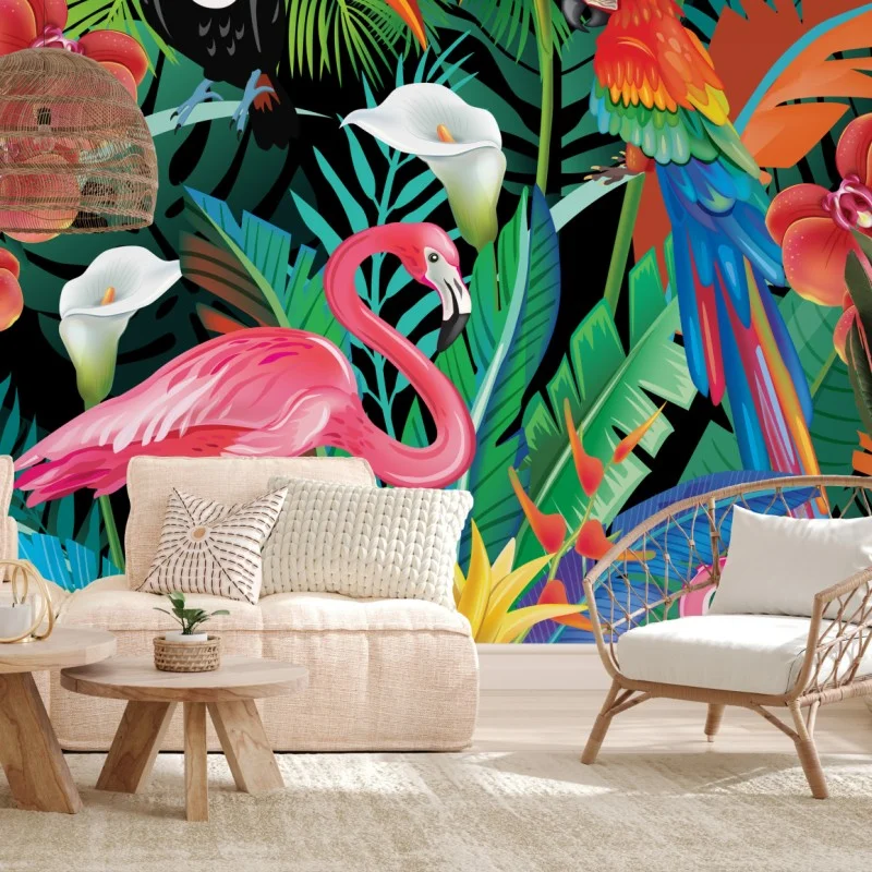 Fototapeta żywe tropikalne ptaki i kwiaty