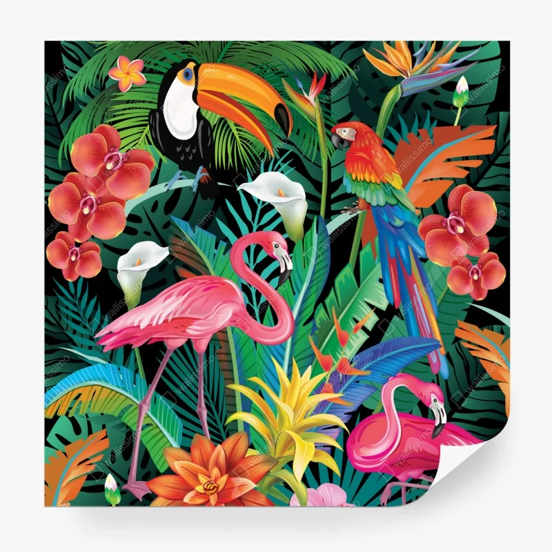 Fototapeta żywe tropikalne ptaki i kwiaty