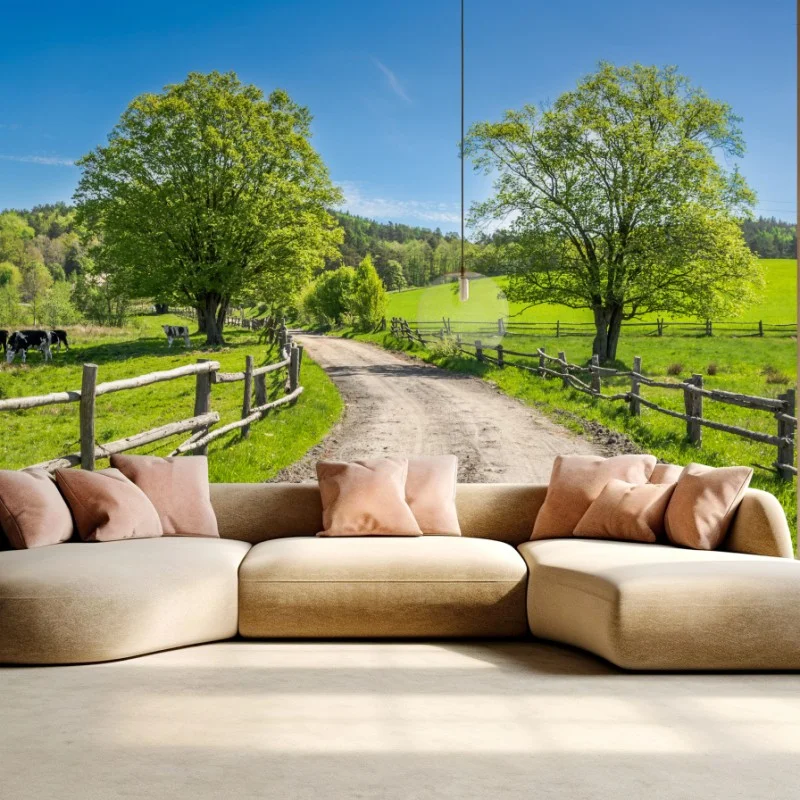 Fototapeta słoneczna wiejska droga przez zielone łąki