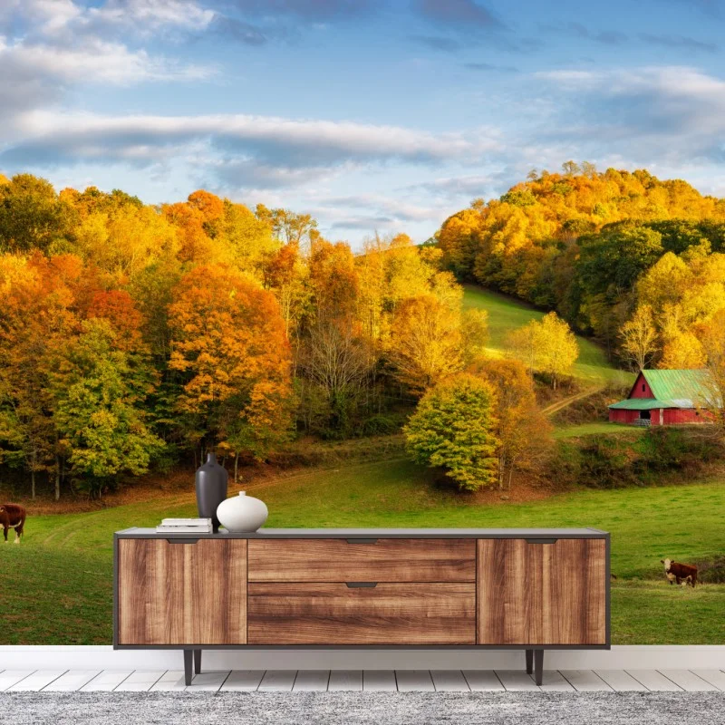 Fototapeta jesienny krajobraz wiejski z czerwoną stodołą