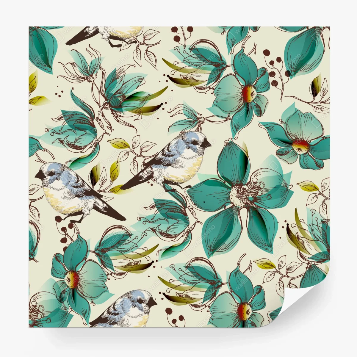 Fototapeta retro miętowy wzór kwiatów i ptaków – Wallissimo®