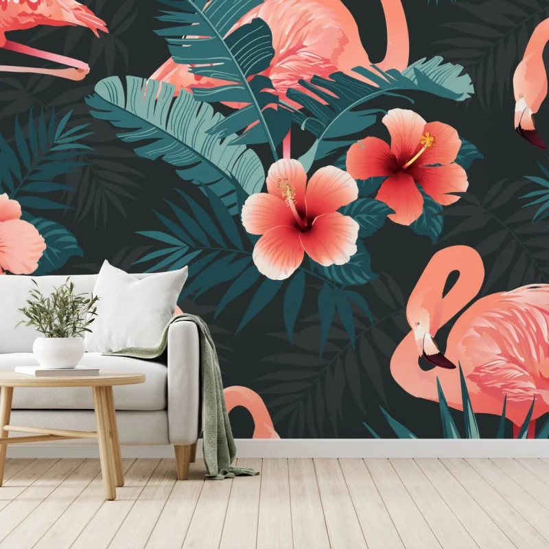 Fototapeta tropikalny wzór z różowymi flamingami
