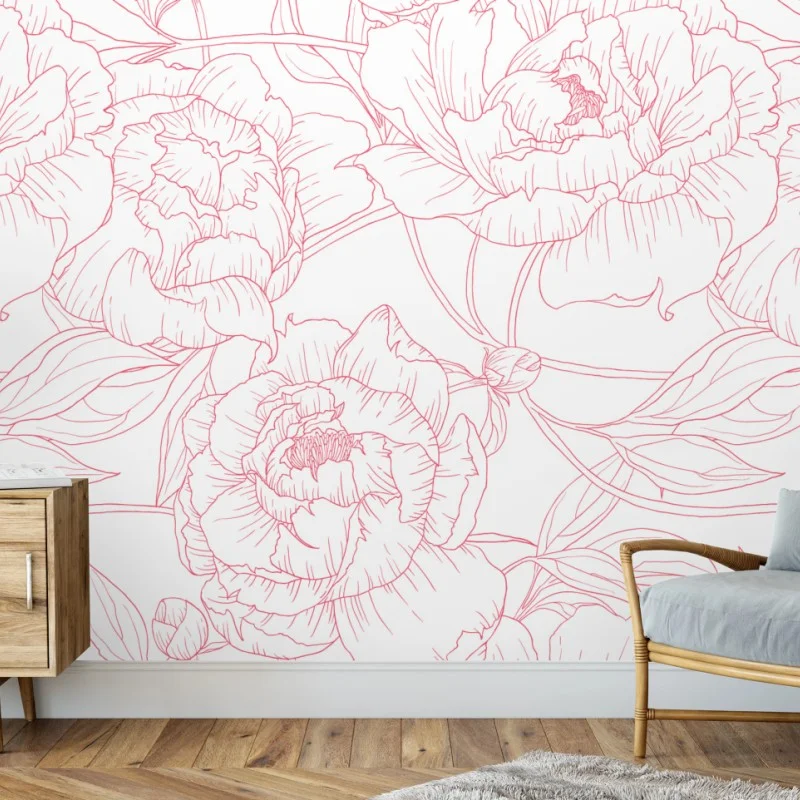 Fototapeta delikatny różowy wzór piwonii w stylu line art