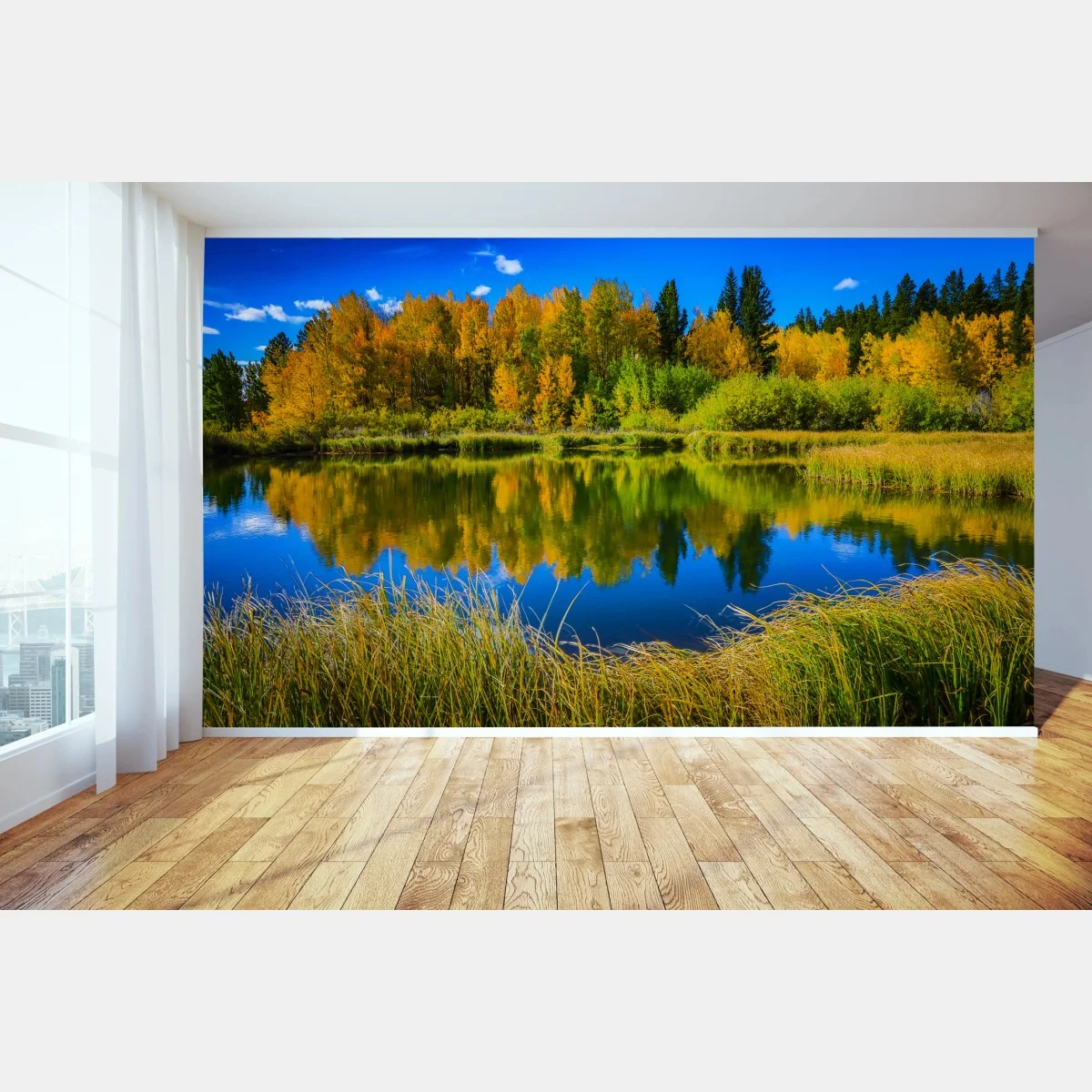 Fototapeta jesienne drzewa odbite w spokojnym jeziorze – Wallissimo® Fototapeta jesienne drzewa odbite w spokojnym jeziorze – Wallissimo®