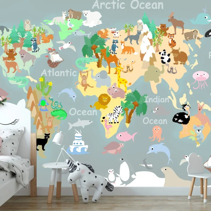 Fototapeta mapa świata ze zwierzętami
