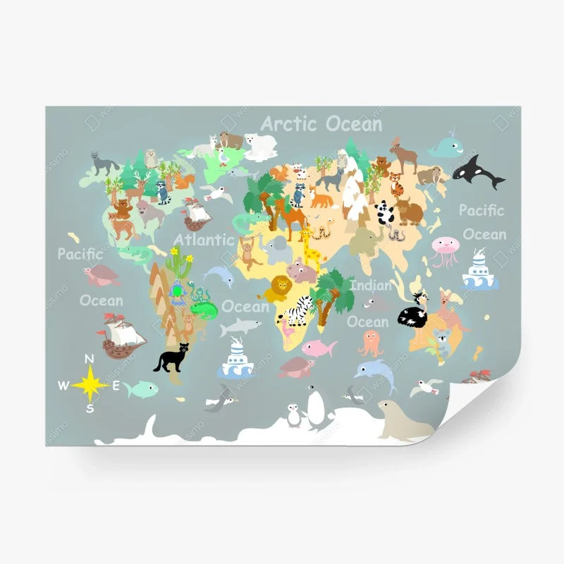 Fototapeta mapa świata ze zwierzętami