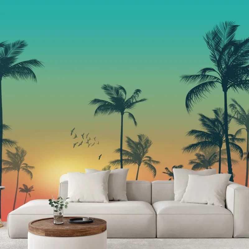 Fototapeta tropikalny zachód słońca z palmami