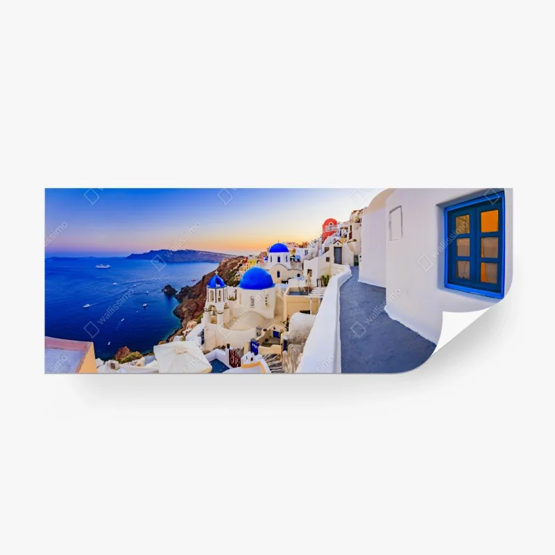 Fototapeta Santorini zachód słońca nad niebieskimi kopułami