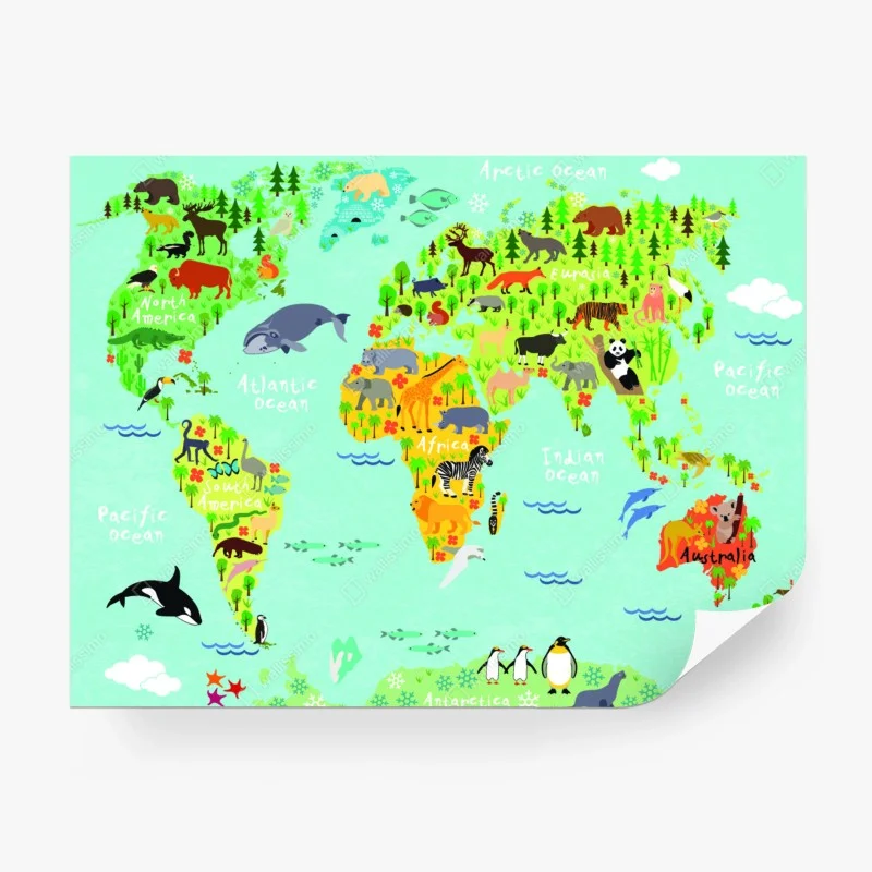 Fototapeta kolorowa mapa świata ze zwierzętami