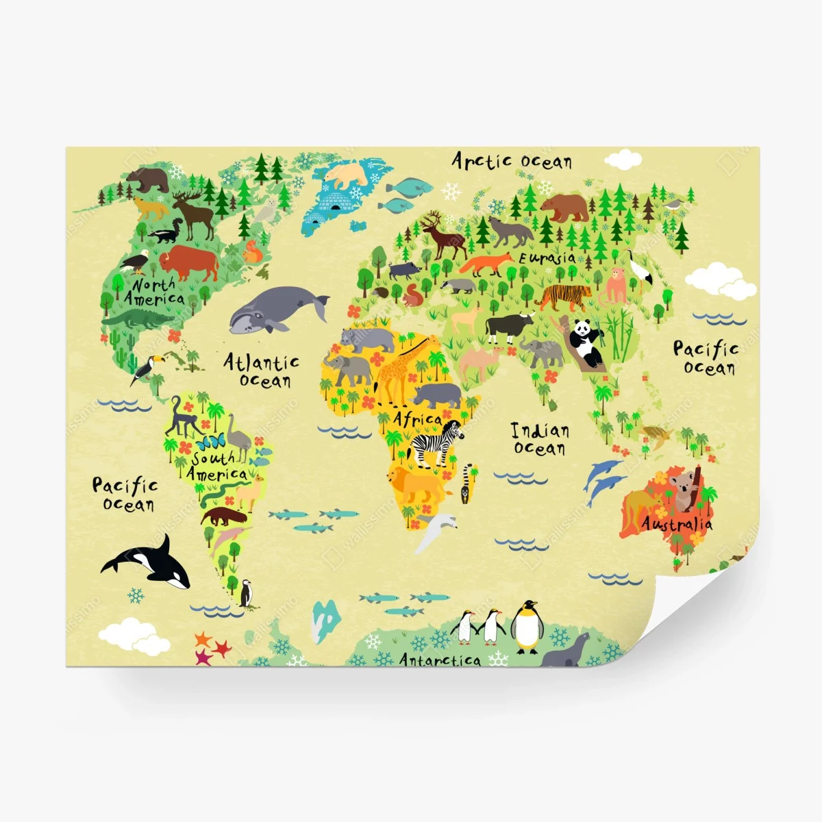 Fototapeta kolorowa mapa świata ze zwierzętami – Wallissimo® Fototapeta kolorowa mapa świata ze zwierzętami – Wallissimo®