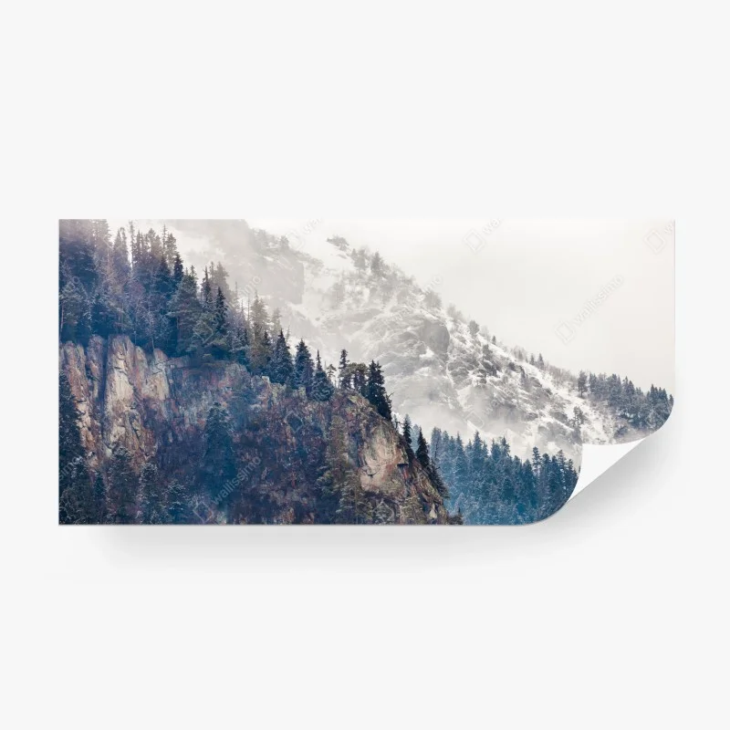 Fototapeta mglista góra z urwiskiem i sosnowym lasem