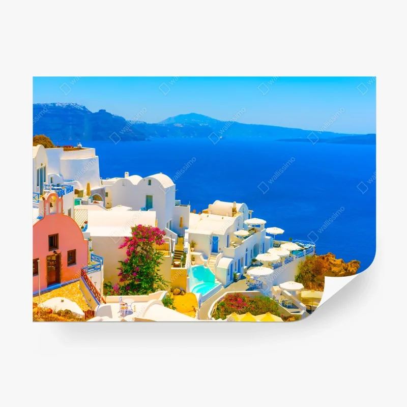 Fototapeta słoneczny widok na Santorini: białe domy i błękit morza