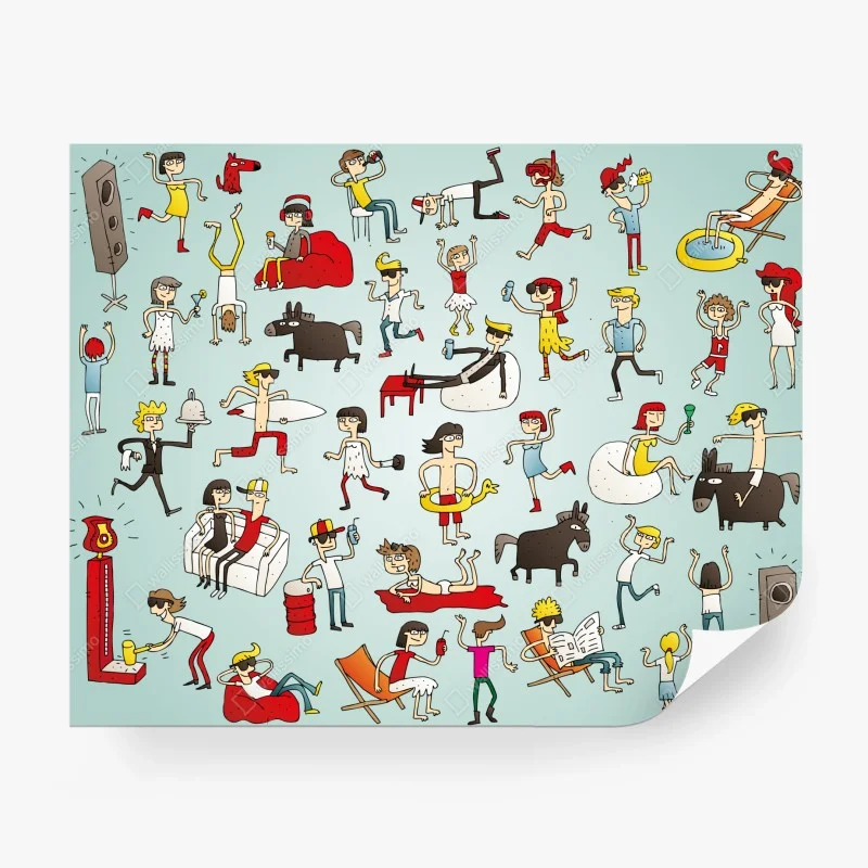 Fototapeta zabawna scena z postaciami na turkusowym tle – Wallissimo®