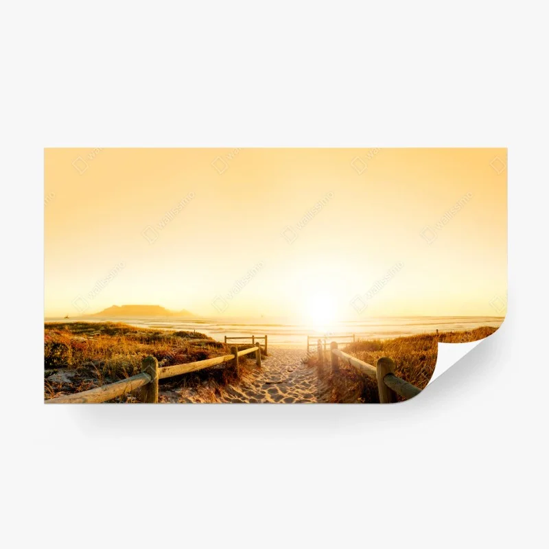 Fototapeta złota panorama zachodu słońca nad plażą z Górą Stołową
