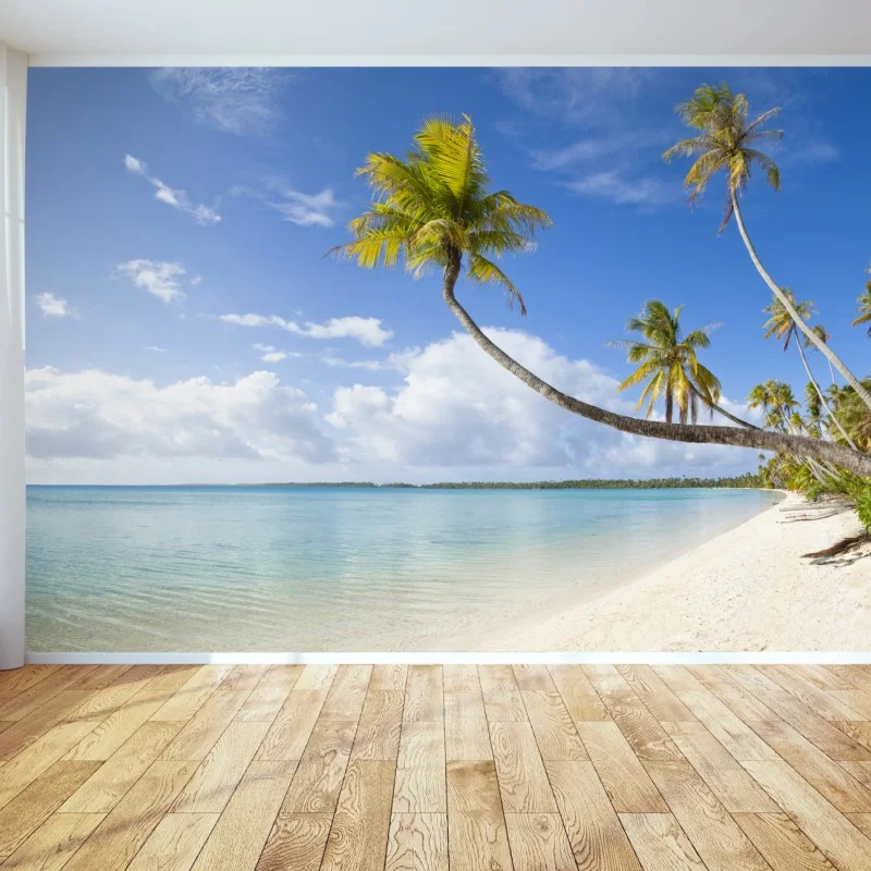 Fototapeta tropikalna turkusowa plaża z pochyloną palmą