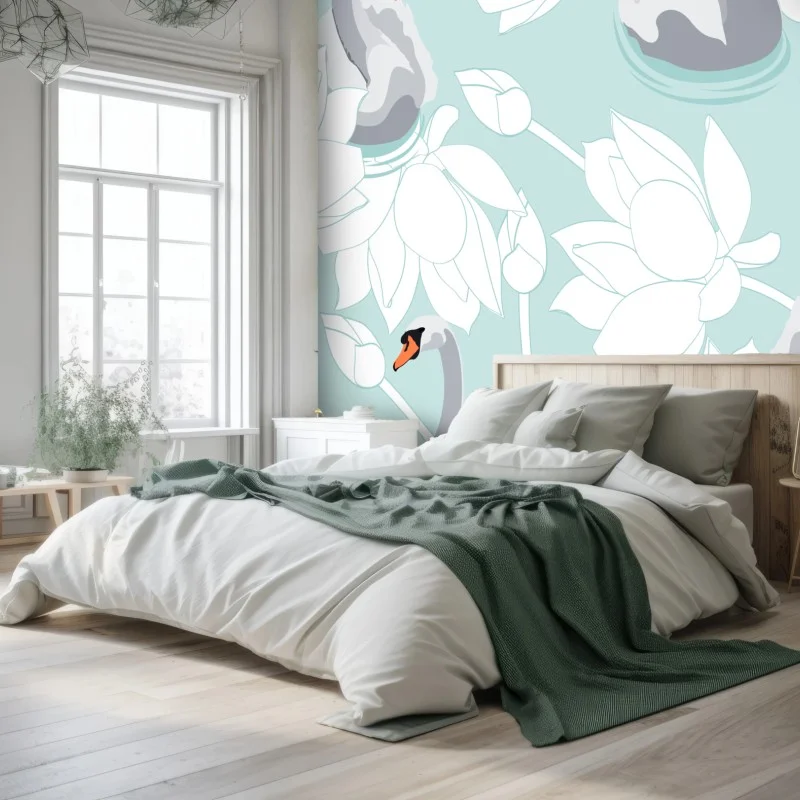 Fototapeta spokojne łabędzie i lotosy