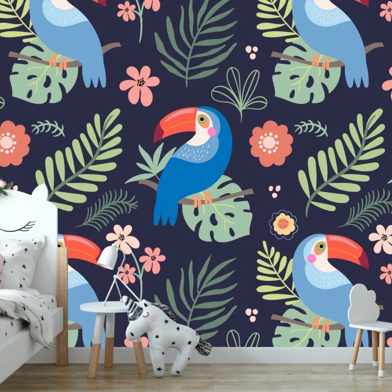 Fototapeta tropikalny wzór z tukanami na granatowym tle