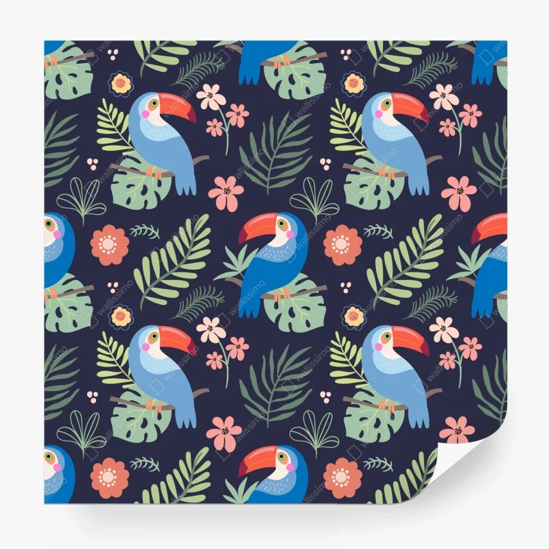Fototapeta tropikalny wzór z tukanami na granatowym tle