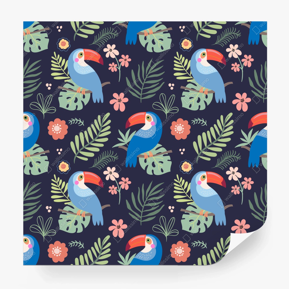 Fototapeta tropikalny wzór z tukanami na granatowym tle – Wallissimo®