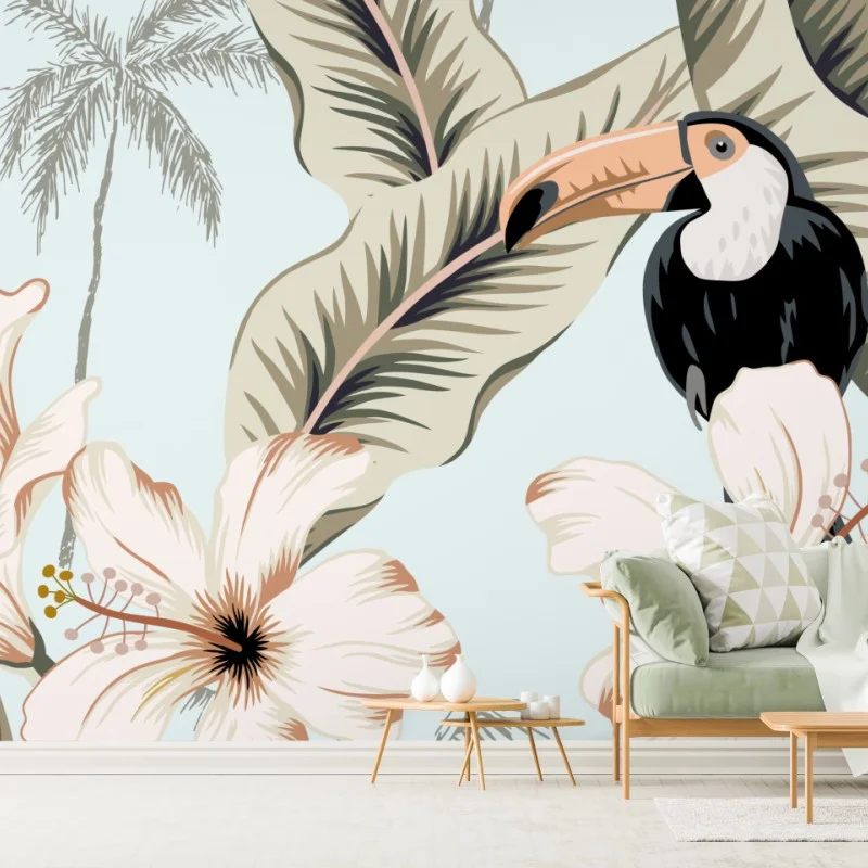 Fototapeta tropikalny motyw z tukanem i hibiskusem