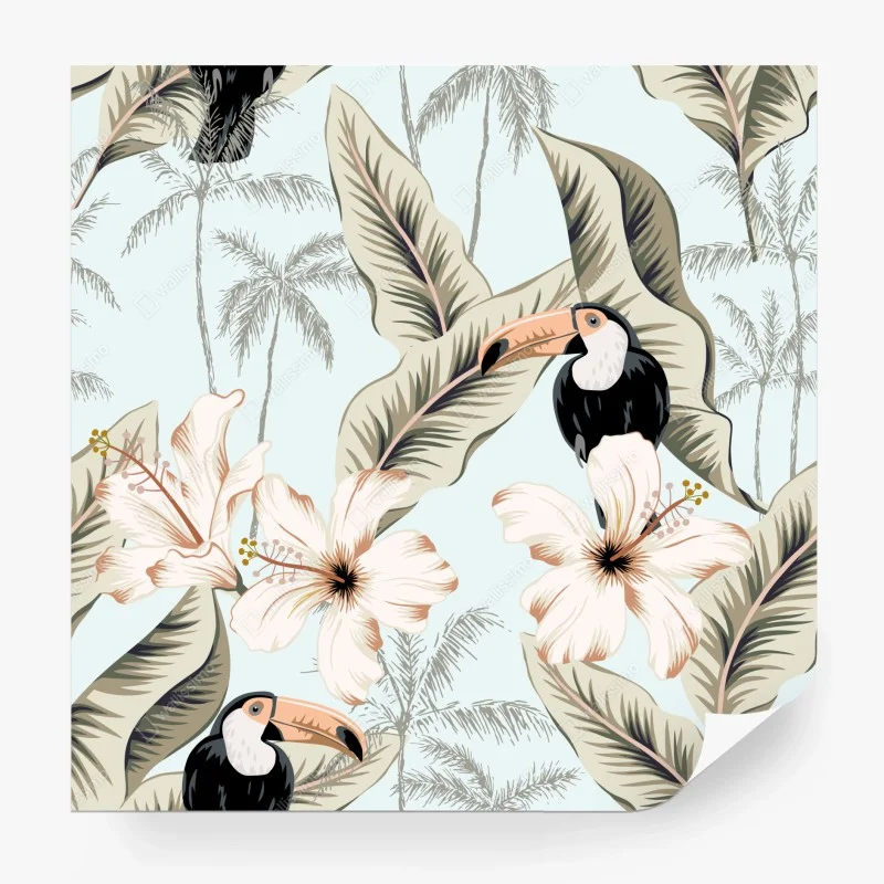 Fototapeta tropikalny motyw z tukanem i hibiskusem