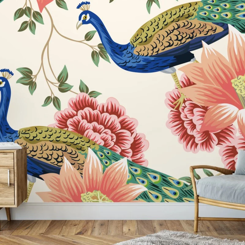 Fototapeta elegancki wzór z pawiem i kwiatami