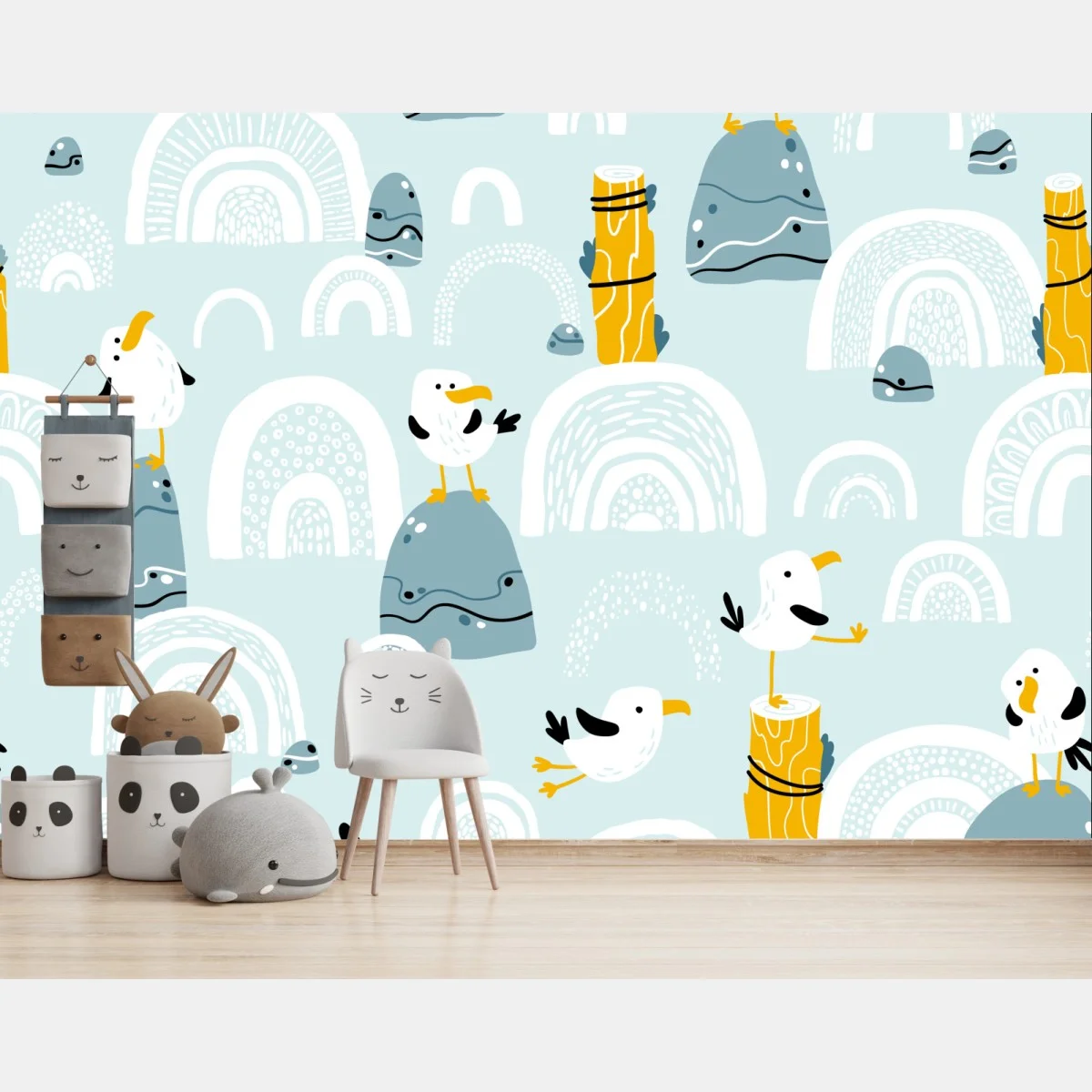 Fototapeta wesołe mewy na pastelowych łukach – Wallissimo® Fototapeta wesołe mewy na pastelowych łukach – Wallissimo®