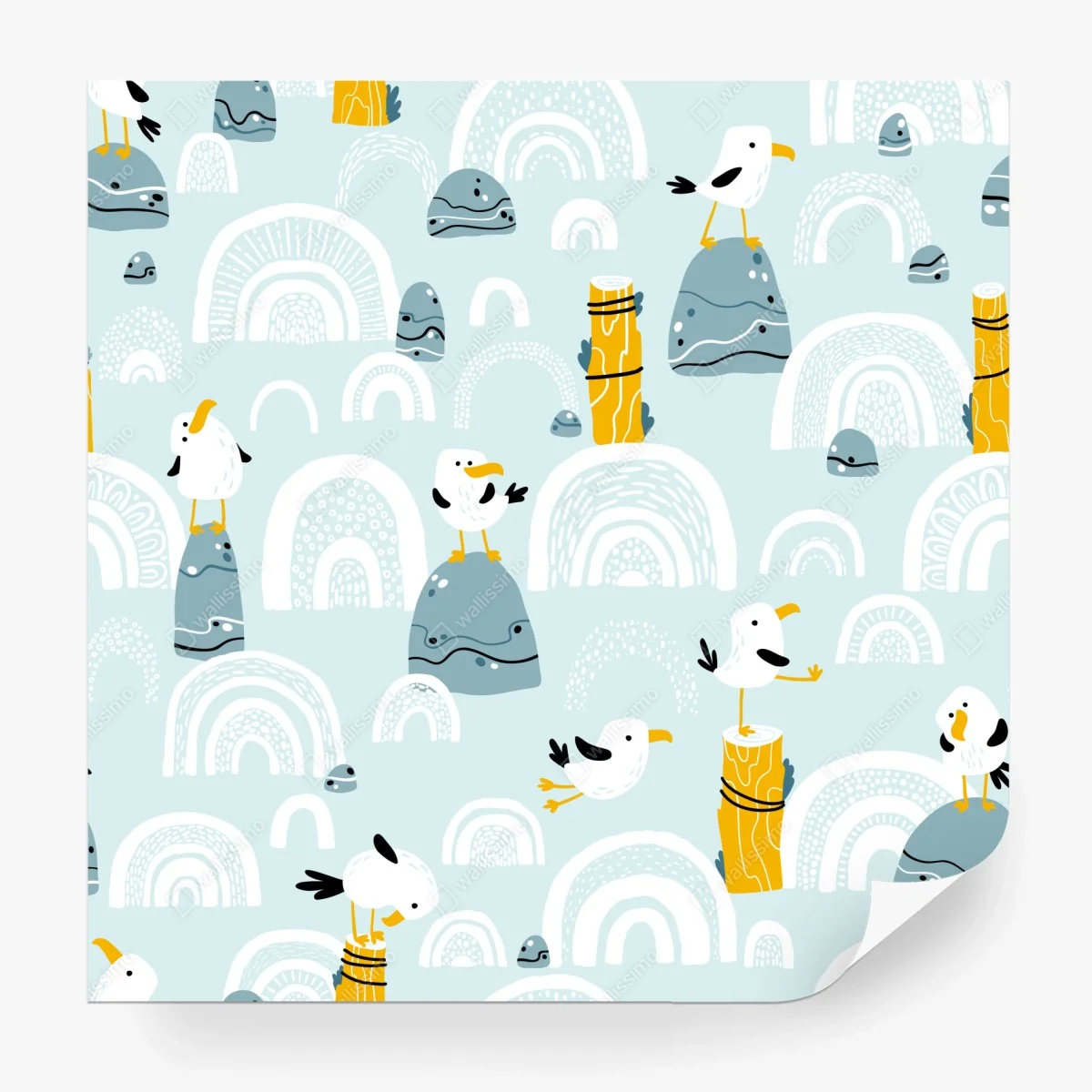 Fototapeta wesołe mewy na pastelowych łukach – Wallissimo® Fototapeta wesołe mewy na pastelowych łukach – Wallissimo®
