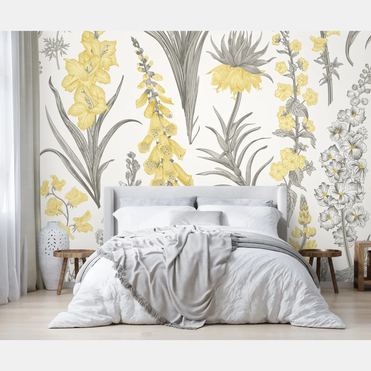 Fototapeta vintage botaniczny wzór kwiatowy w żółci i szarości – Wallissimo® Fototapeta vintage botaniczny wzór kwiatowy w żółci i szarości – Wallissimo®