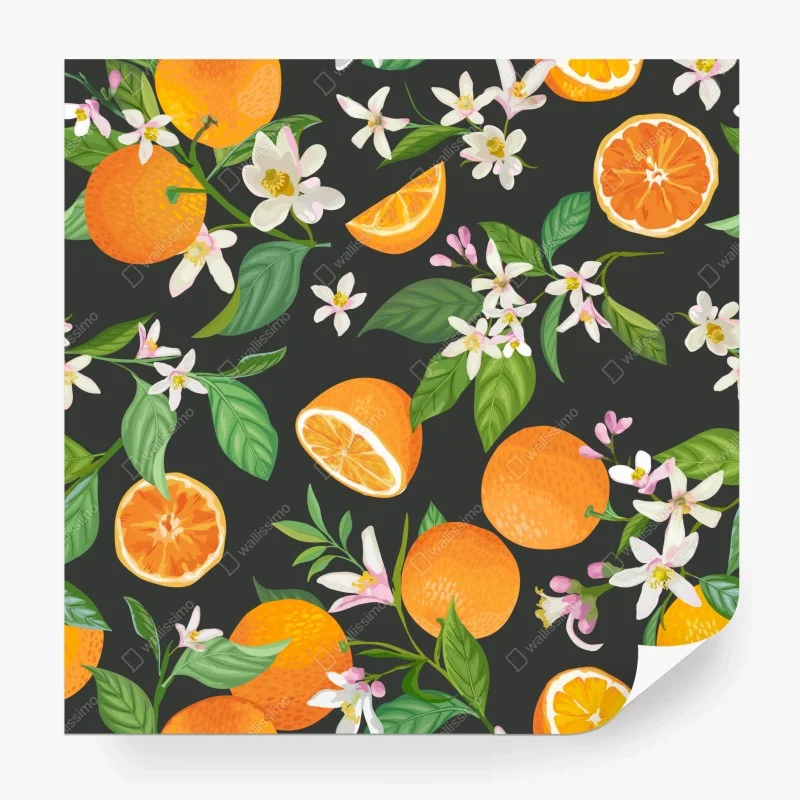 Fototapeta wzór z kwiatami i pomarańczami na ciemnym tle